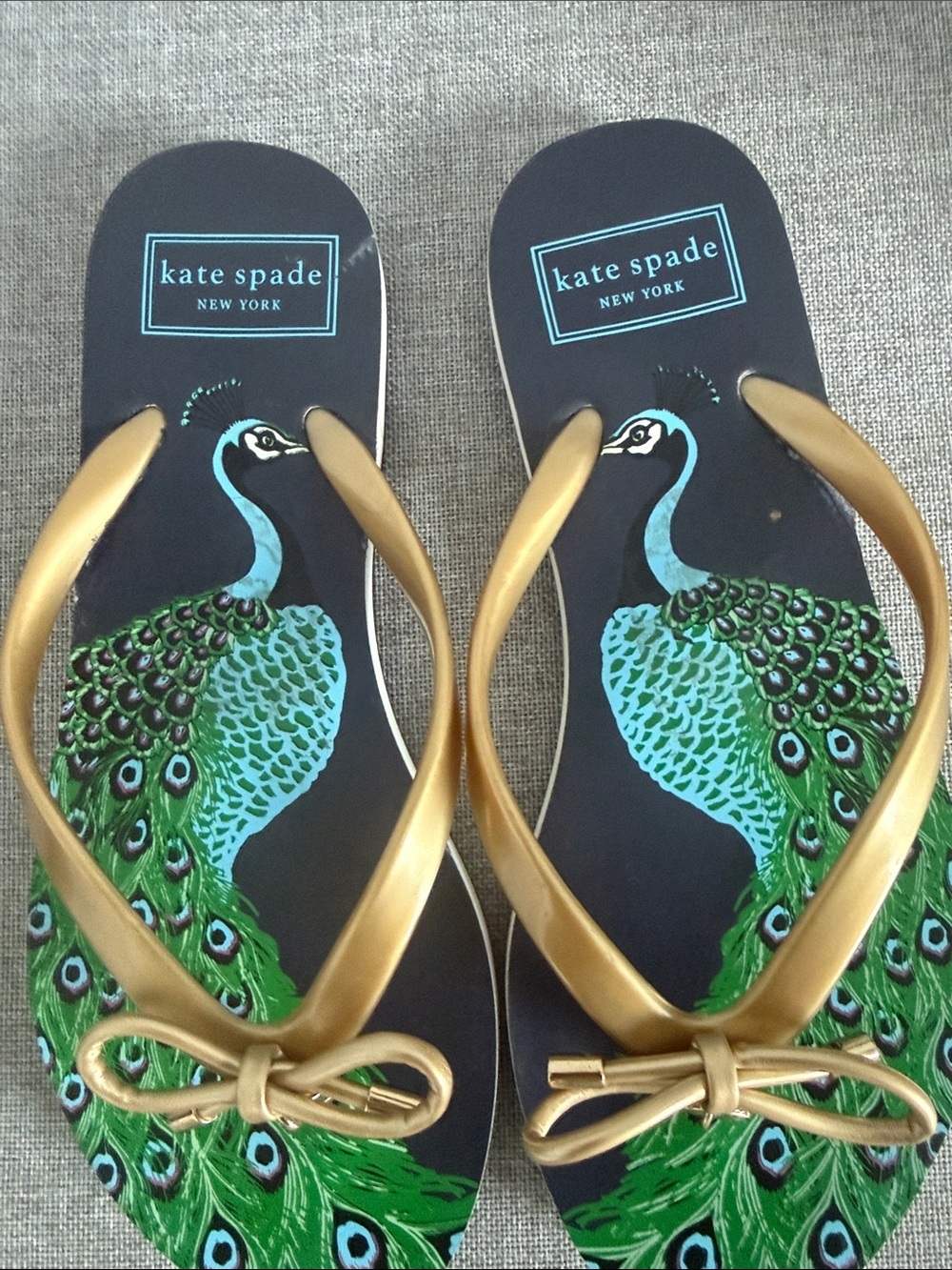 kate spade navy sandals with gold straps and green peacock print - Picture 4 of 8